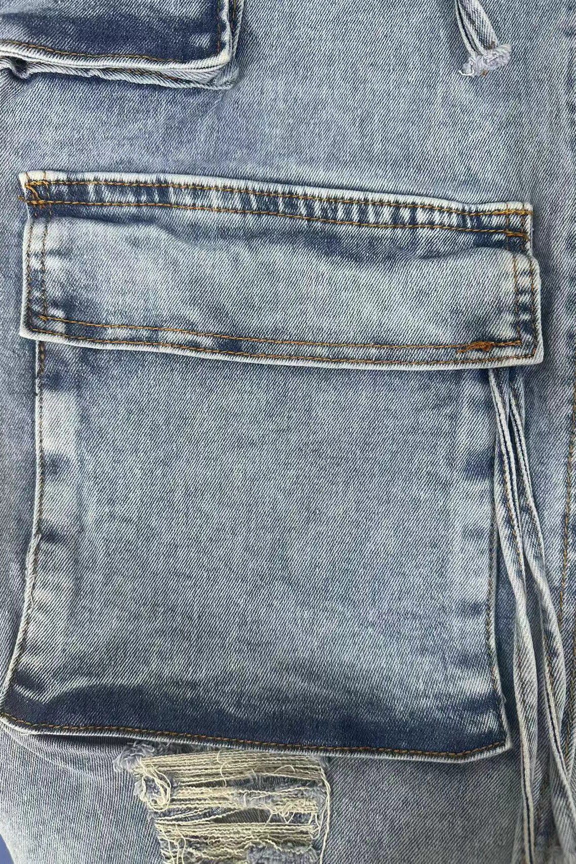 Slit Ripped Pocket Cargo Denim Skirt