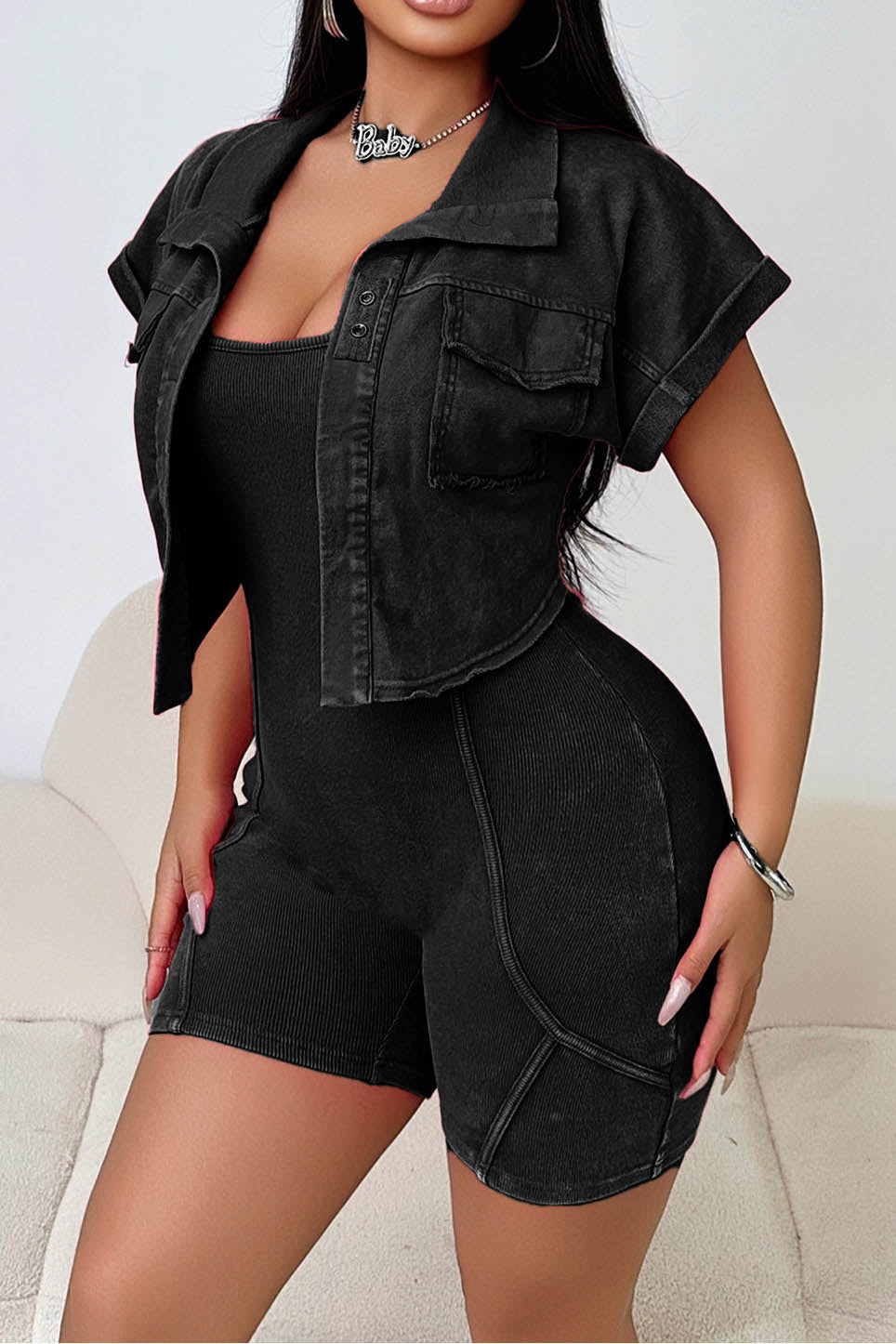 Vintage Washed Rompers & Jacket Set