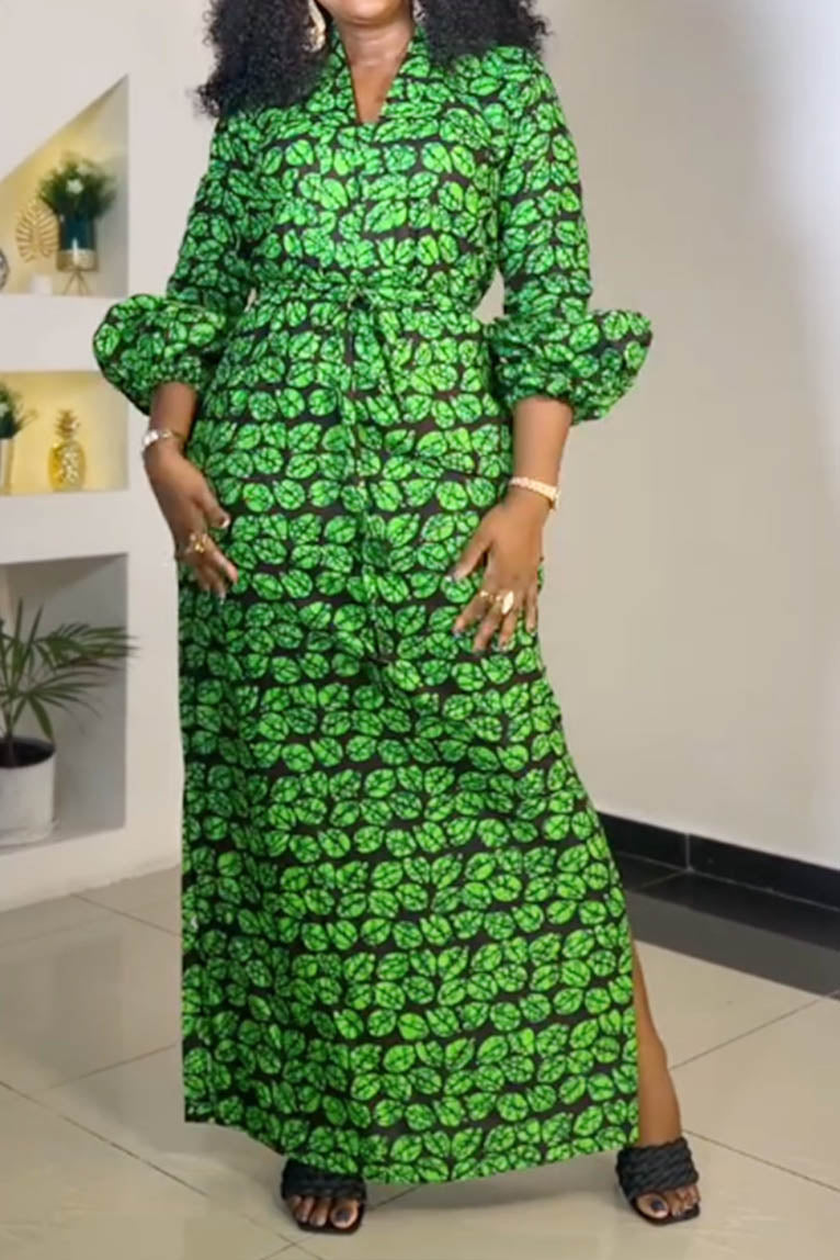 Print Slit V Neck Long Dresses