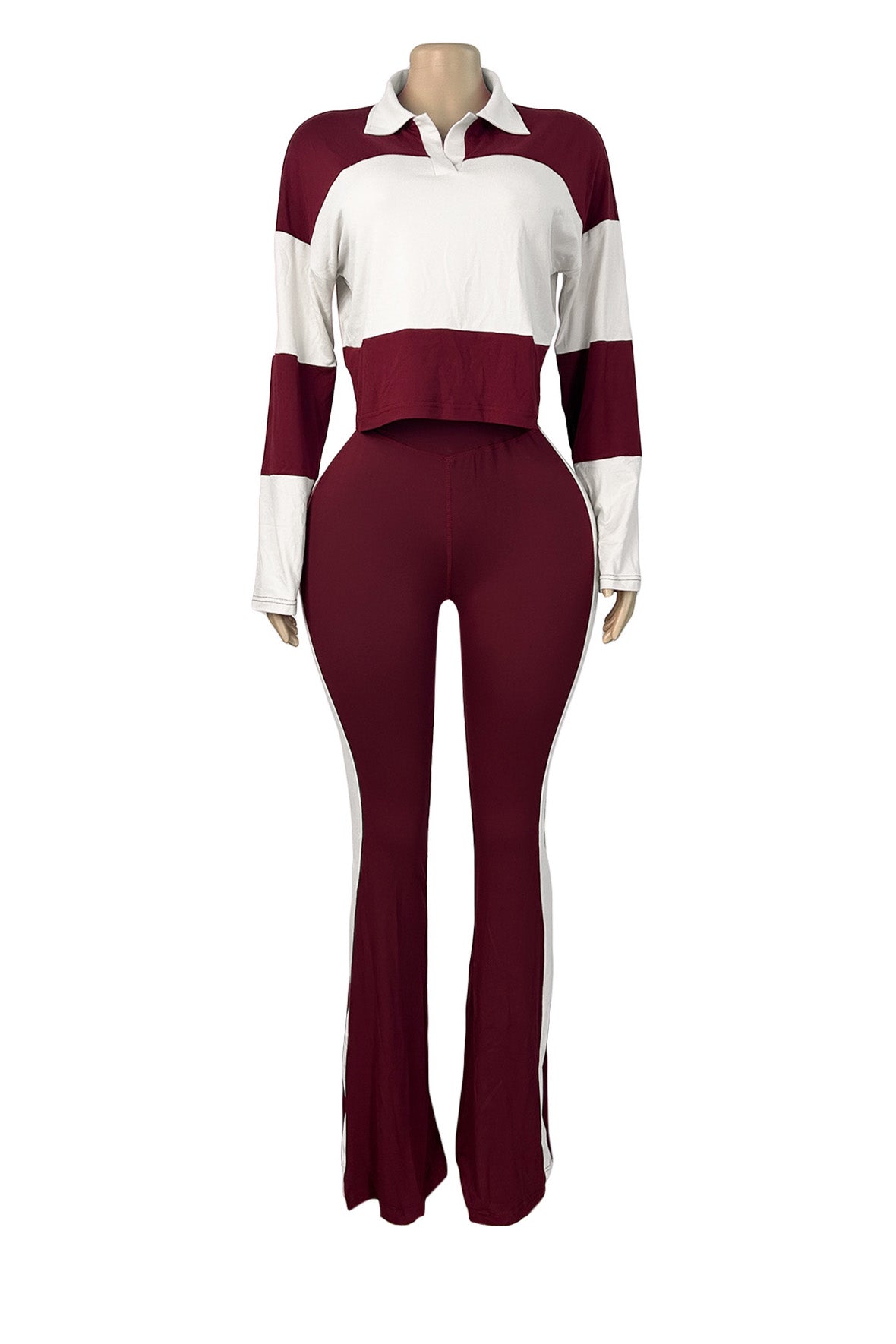 Colorblock Polo Top & Flare Pants Set