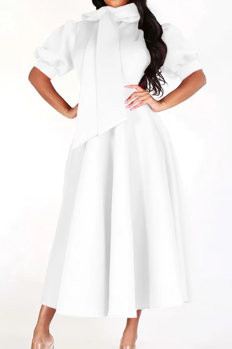 Elegant Tie-Neck Puff Sleeve A-Line Dress