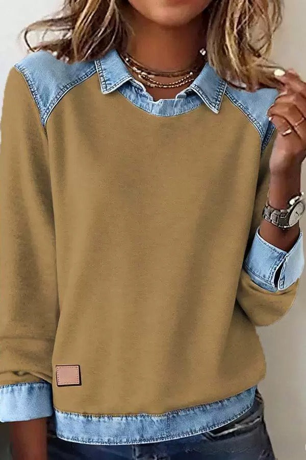 Denim Collar Long Sleeve Knit Pullover Top