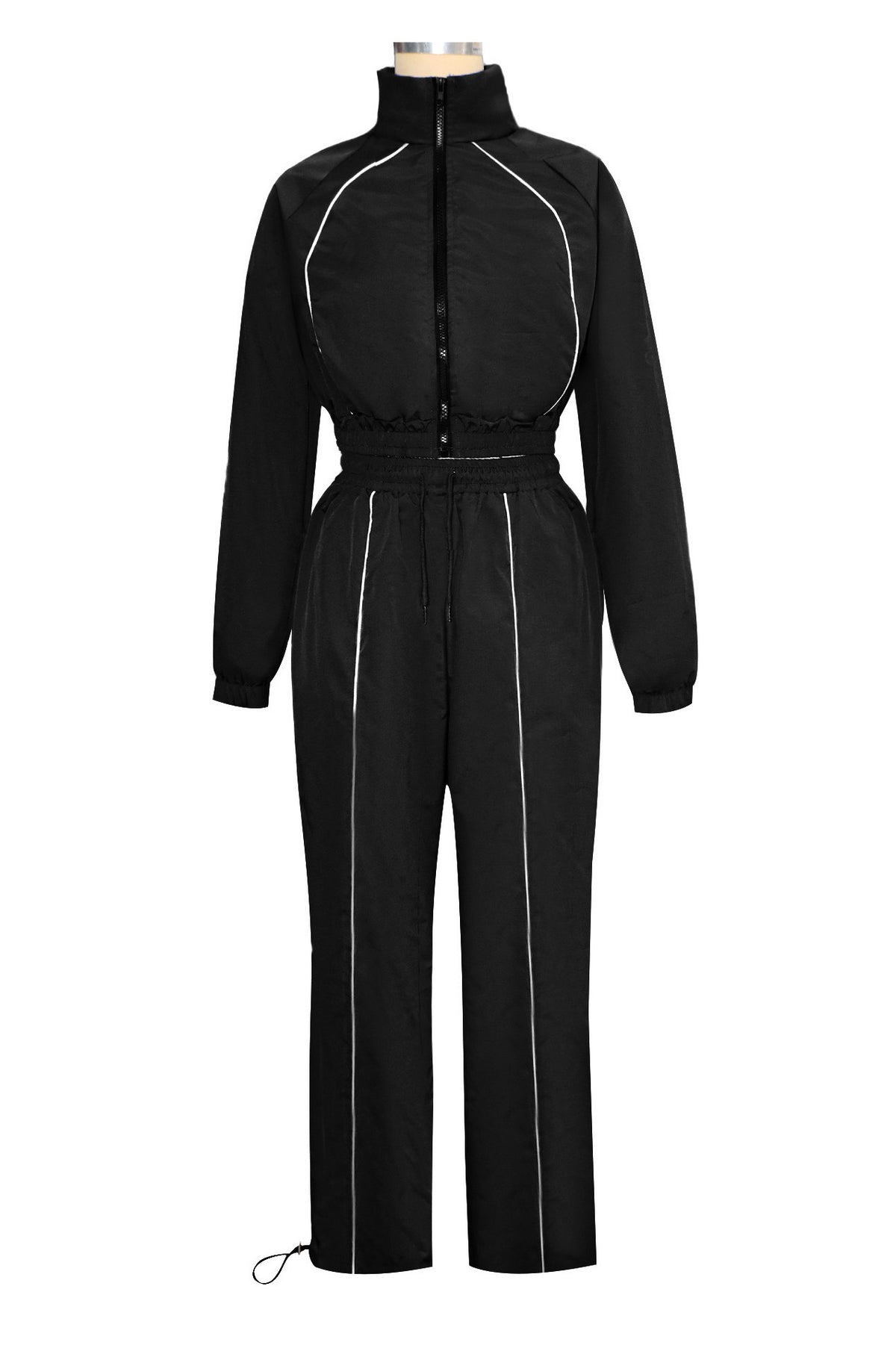 Zip-Front Piped Top & Wide-Leg Pants Set