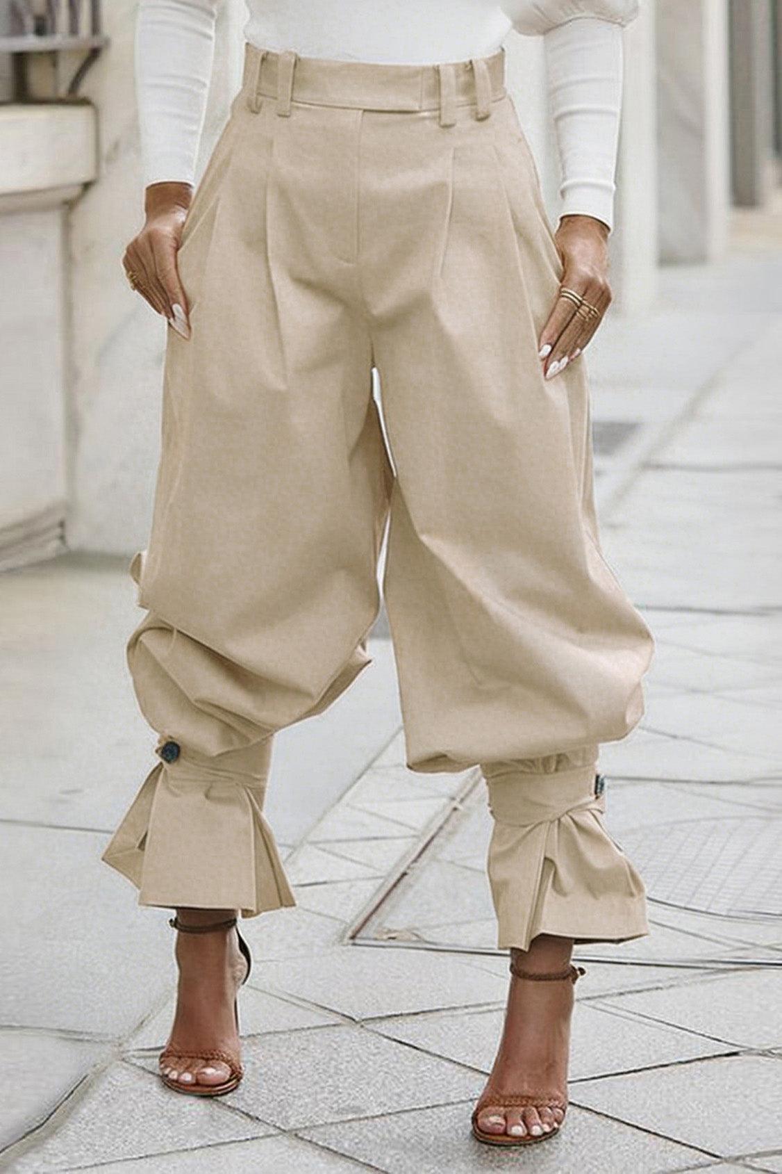 Pleated Ruffle-Cuff Balloon Trousers