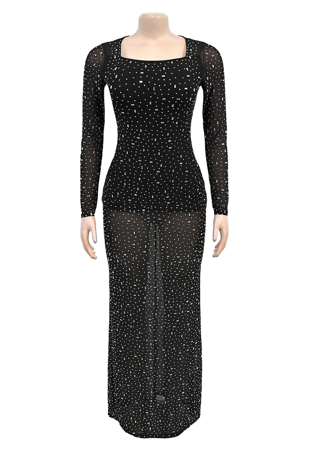 Crystal Embellished Square Neck Maxi Dress