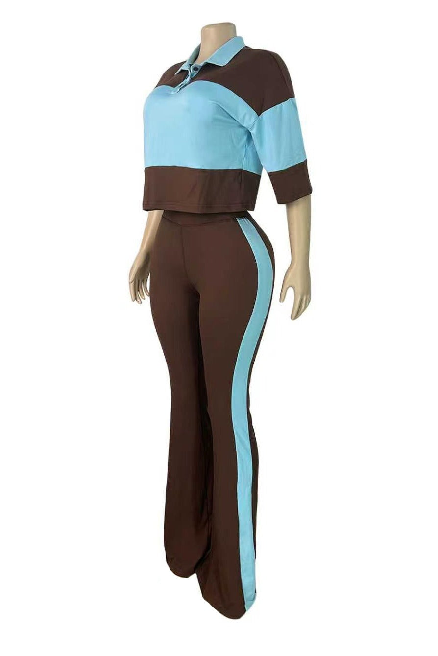 Collared Top & Flare Pants Two-Piece Set