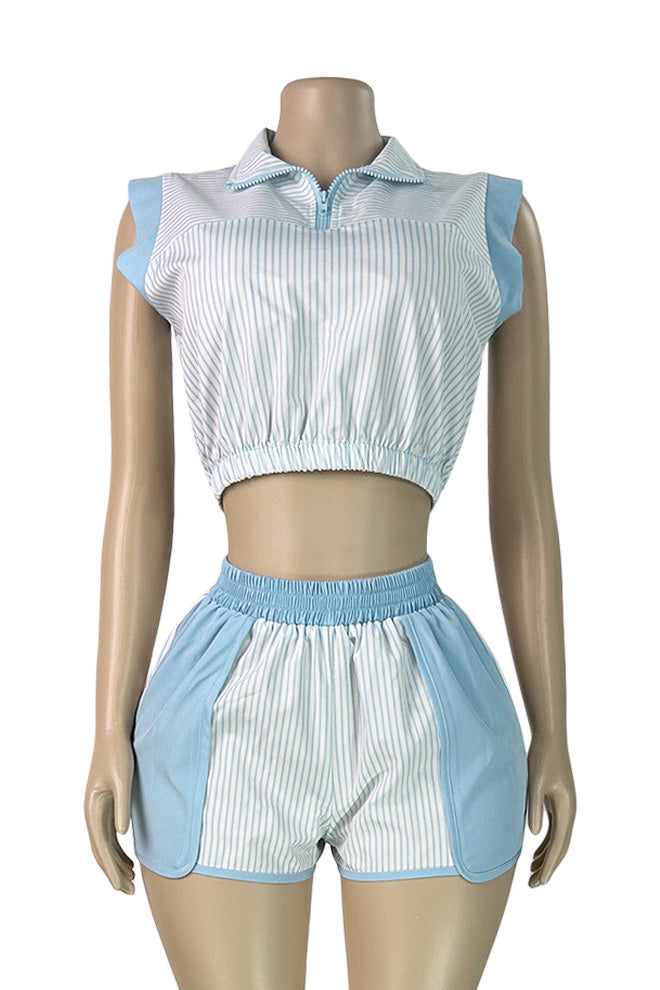 Contrast Panel Striped Half-Zip Top & Shorts Set