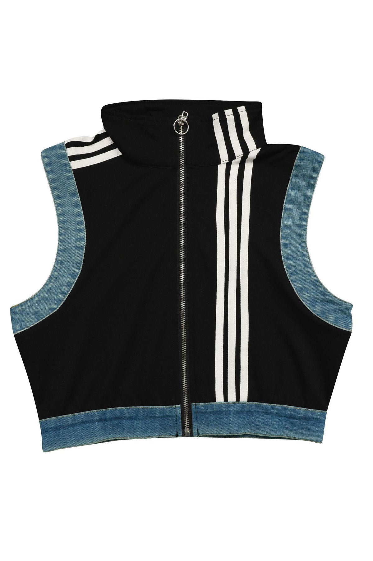 Sporty Striped Denim Crop Vest & Jeans Set