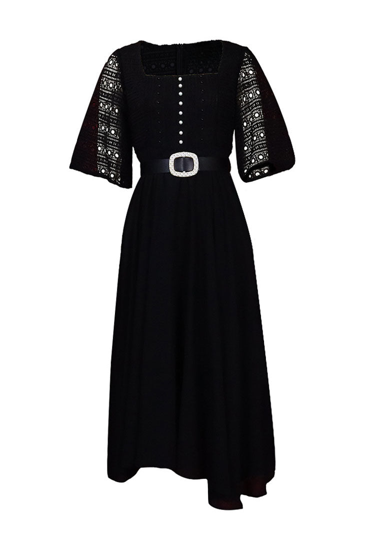 Square Neckline Lace Sleeve Midi Party Dress
