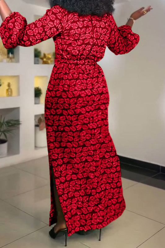 Print Slit V Neck Long Dresses
