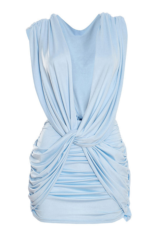 Plunging Twist Front Backless Mini Dress