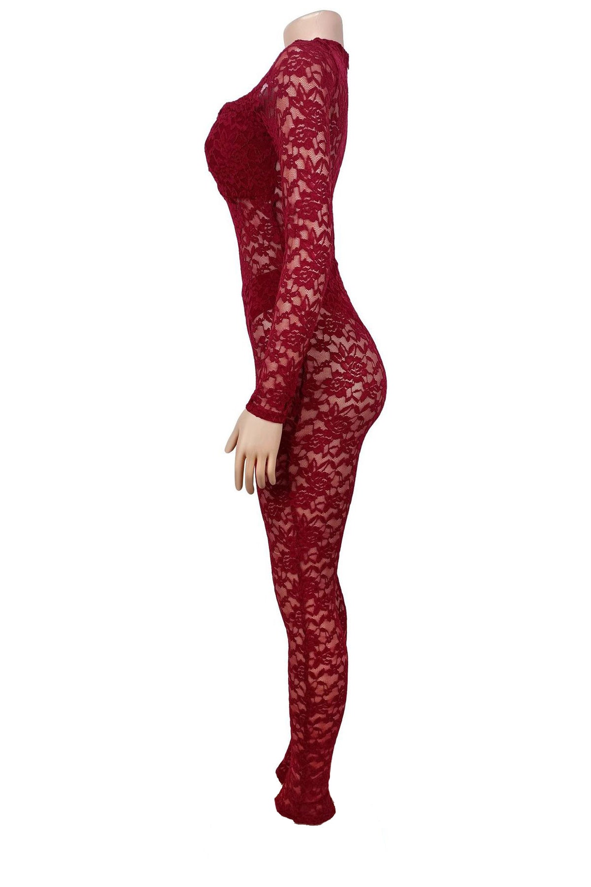 Sheer Lace Long-Sleeve Cutout Jumpsuit
