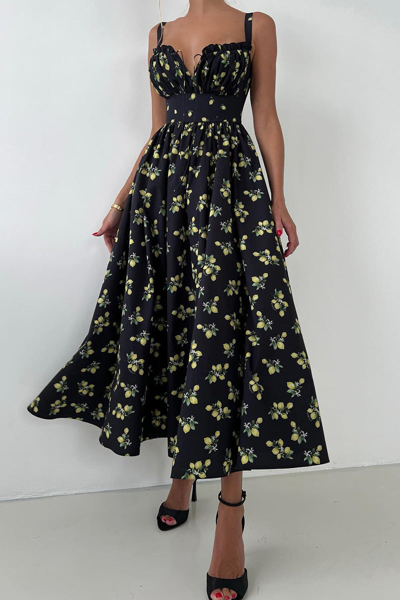 Low-Cut Tie Front High-Waist Split Floral Dress