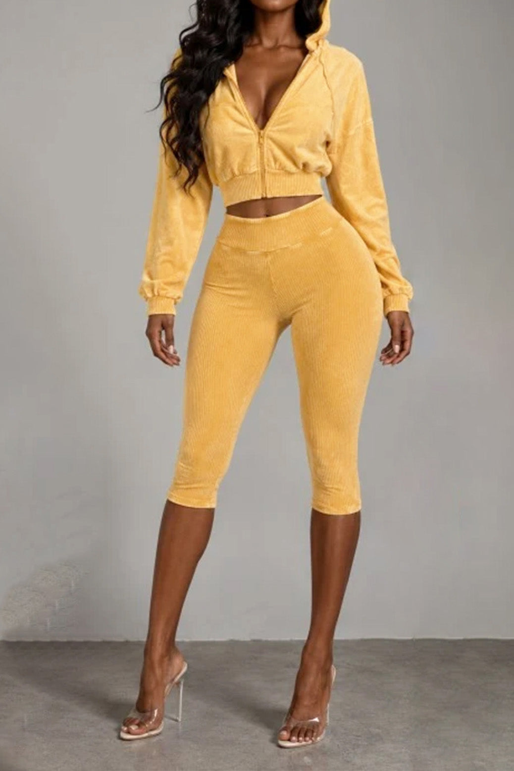 Washed Hoodie & Ribbed Capri Leggings Set