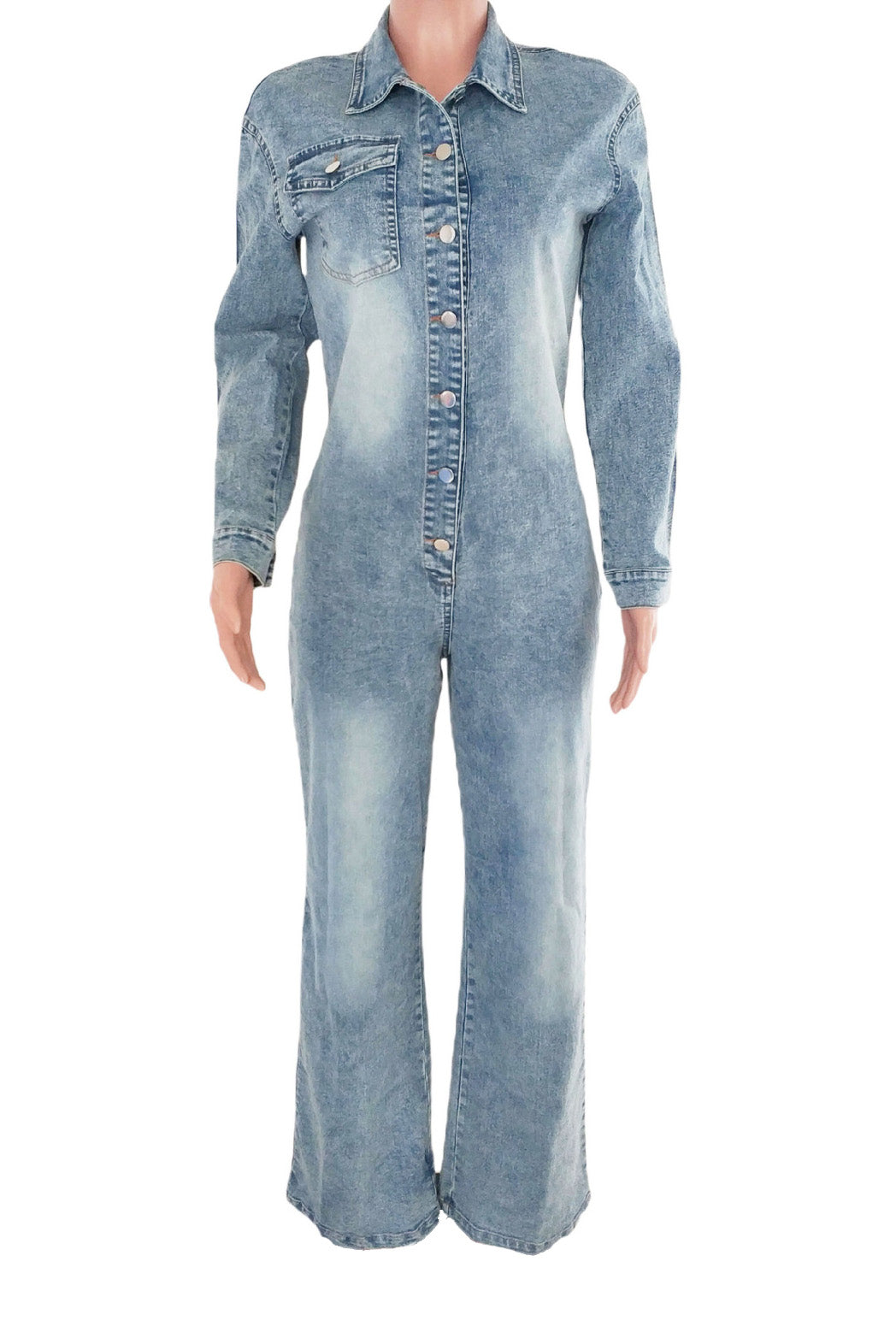 Slim Fit Long Sleeve Washed Denim Jumpsuit