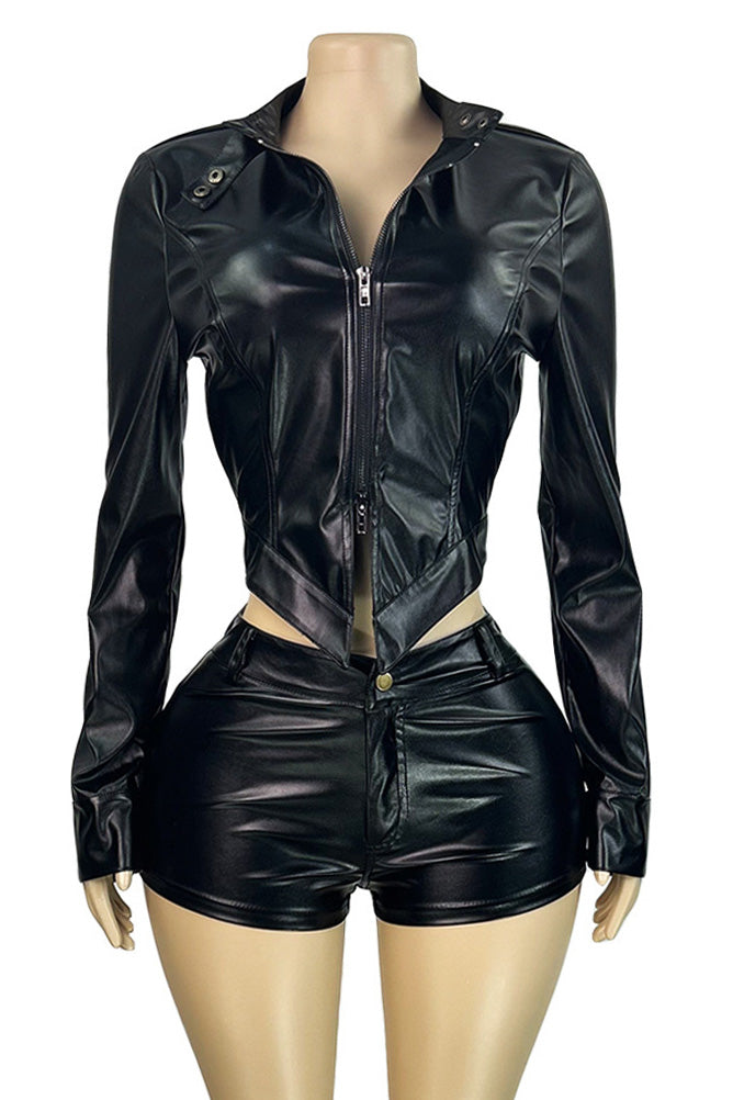 Leather Stand Collar Zip Jacket and Shorts Set