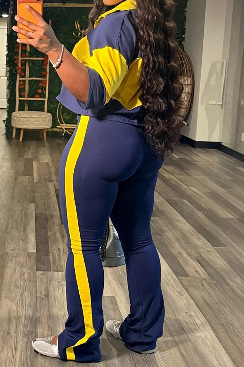Colorblock Cropped Polo & Flare Pants Set