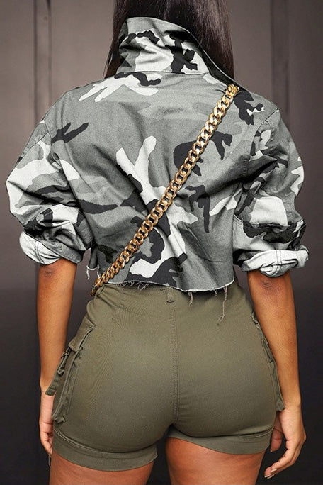 Camo Print Cropped Raw Hem Utility Jacket