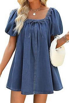 Bubble Sleeve Square Neck Denim Babydoll Dress