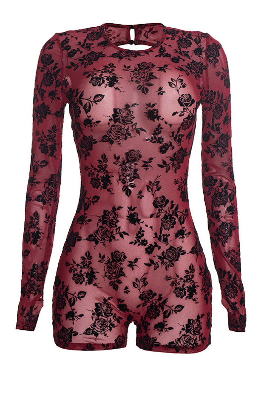 Floral Mesh Backless Long-Sleeve Romper
