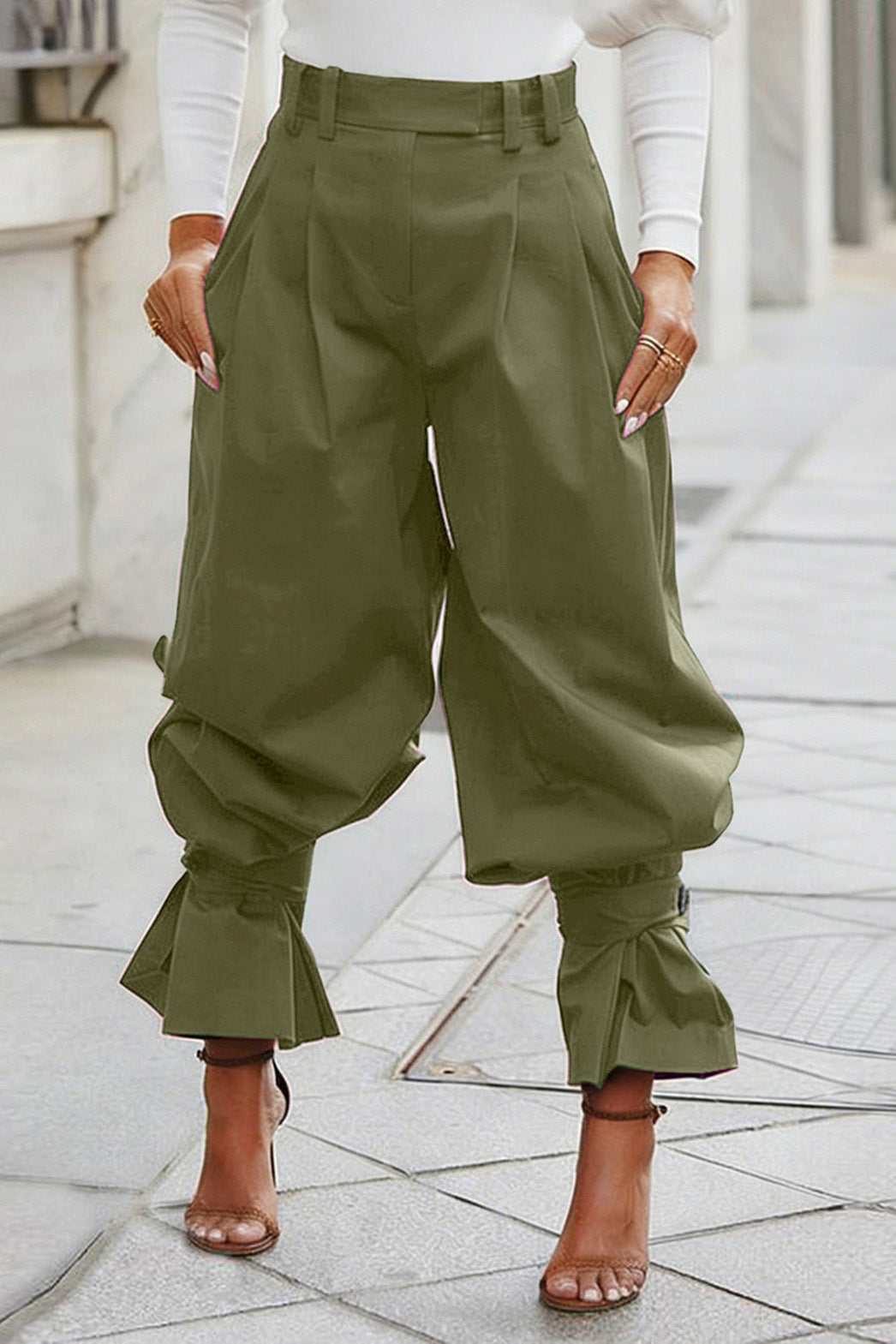 Pleated Ruffle-Cuff Balloon Trousers