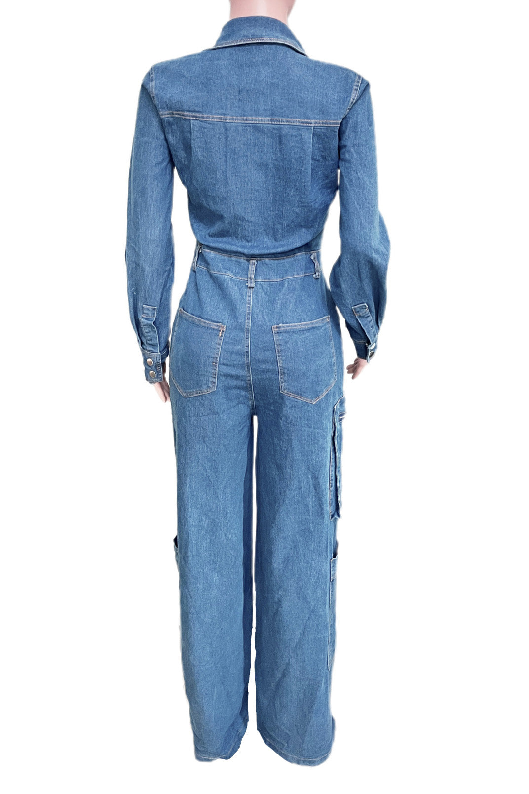Washed Stretch Denim Utility Jumpsuit