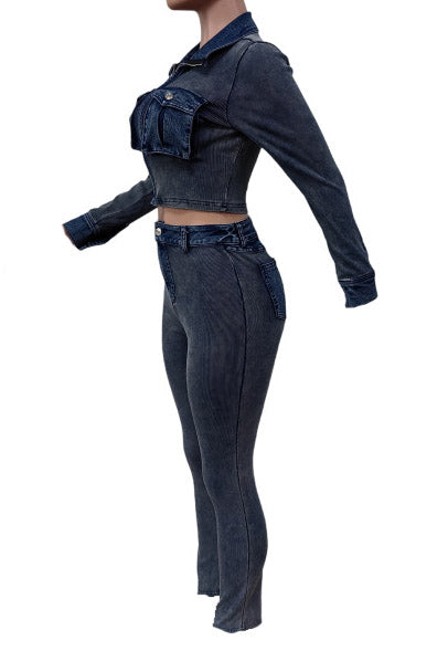 Ribbed Stretch Denim Two Piece Set