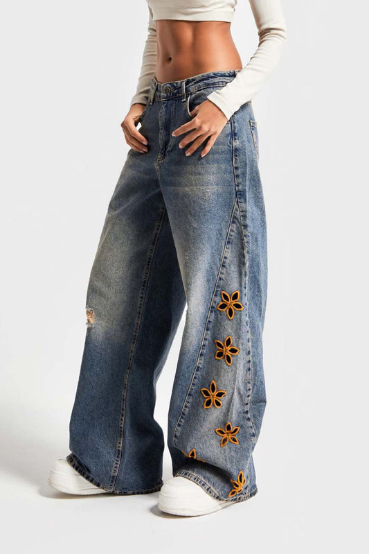 Wide Leg Floral Embroidered Denim Jeans