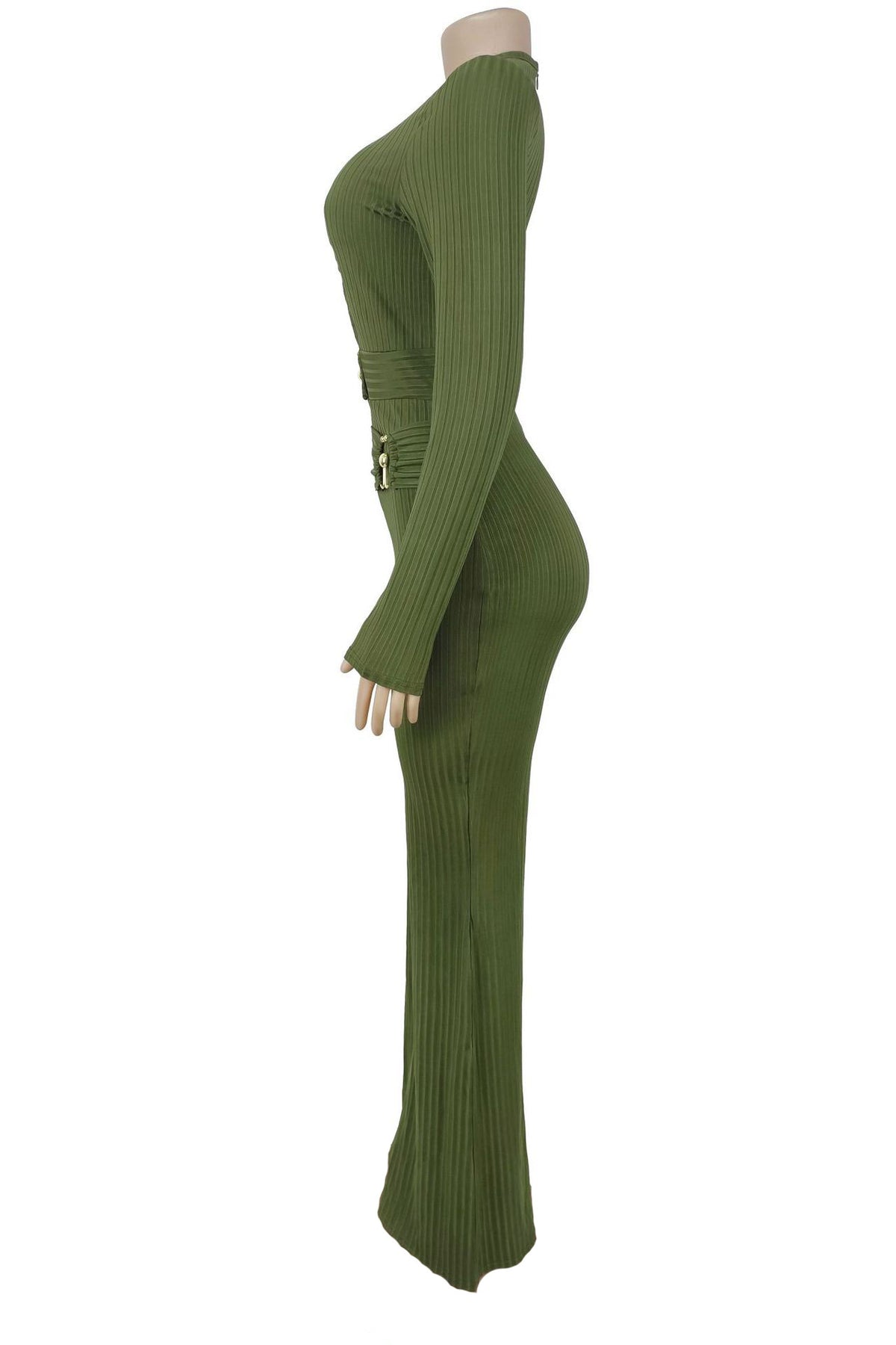 Ribbed Cutout Long-Sleeve Flared Jumpsuit