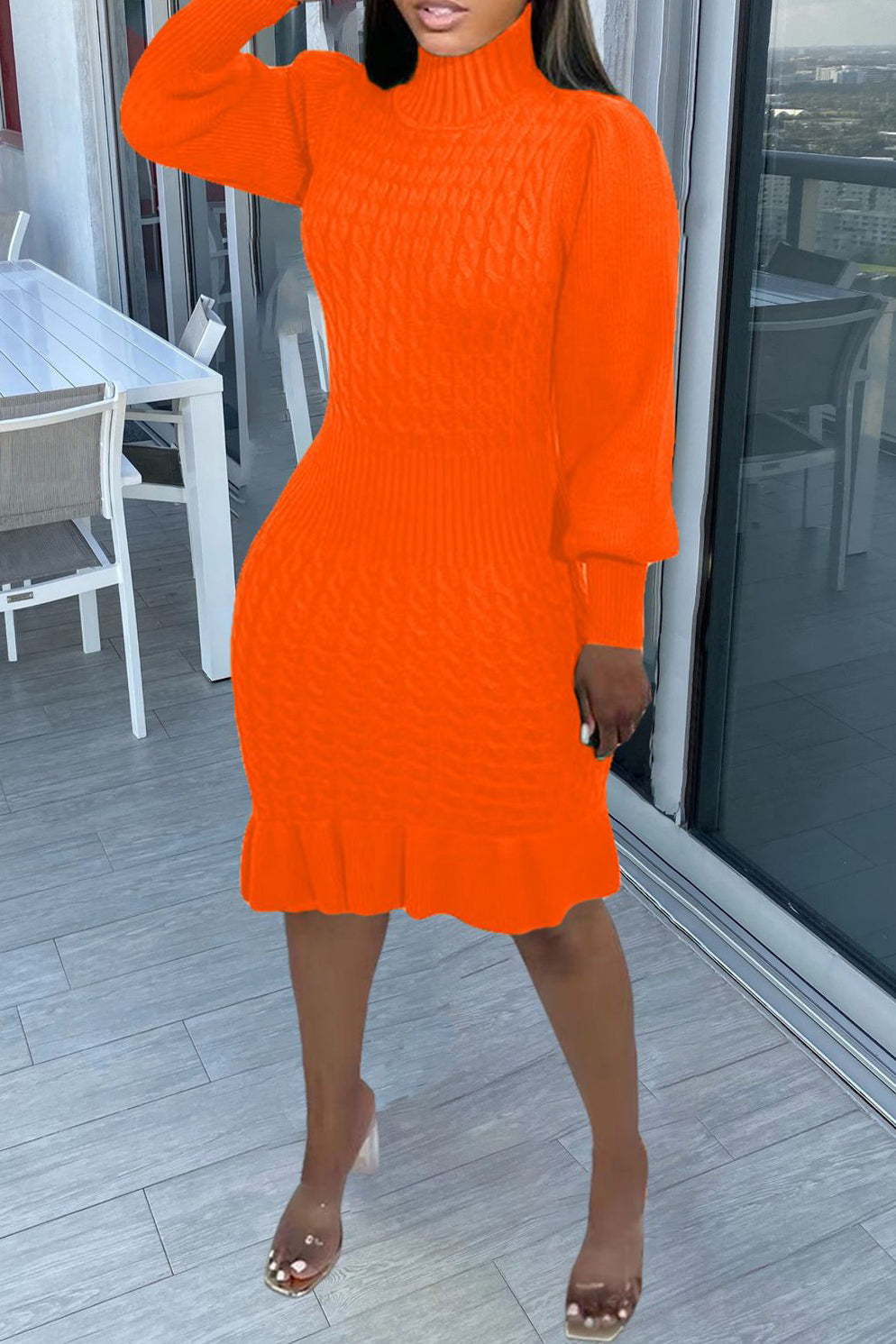 Ruffled Knitted Turtleneck Dresses