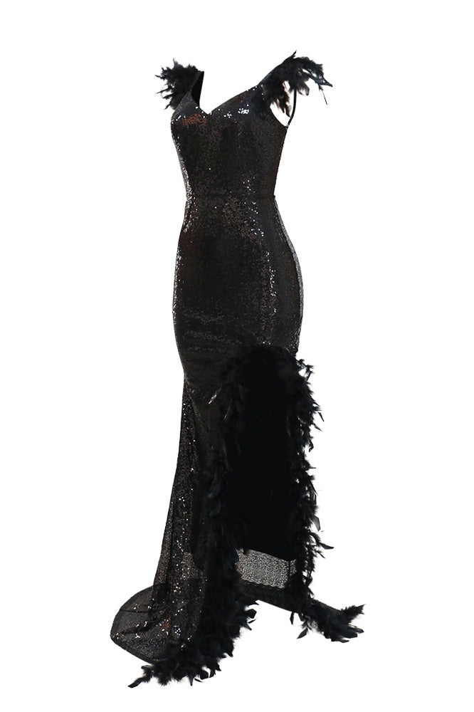 Feather Sequins Strap High Slit Dress