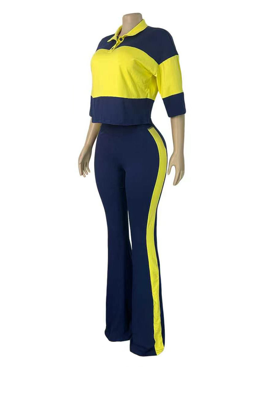 Collared Top & Flare Pants Two-Piece Set