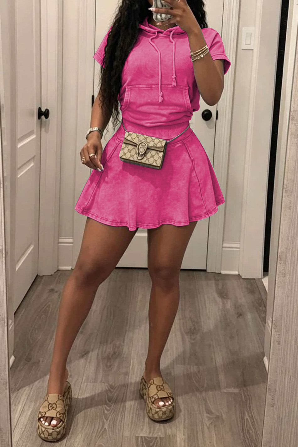 Mineral Wash Short Sleeve Hoodie & Skater Skirt Set