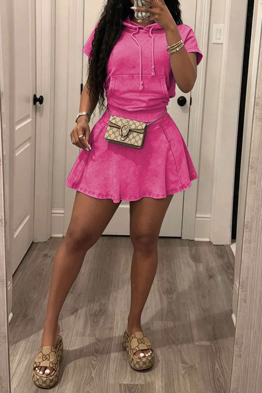 Mineral Wash Short Sleeve Hoodie & Skater Skirt Set