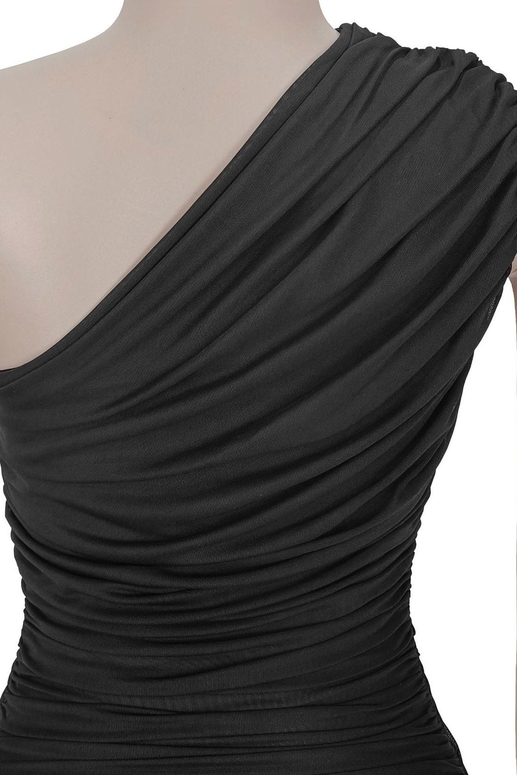 One-Shoulder Ruched Mesh Maxi Dress