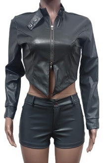 Leather Crop Jacket and Shorts Set