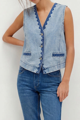 Embroidered Boho V-Neck Denim Vest