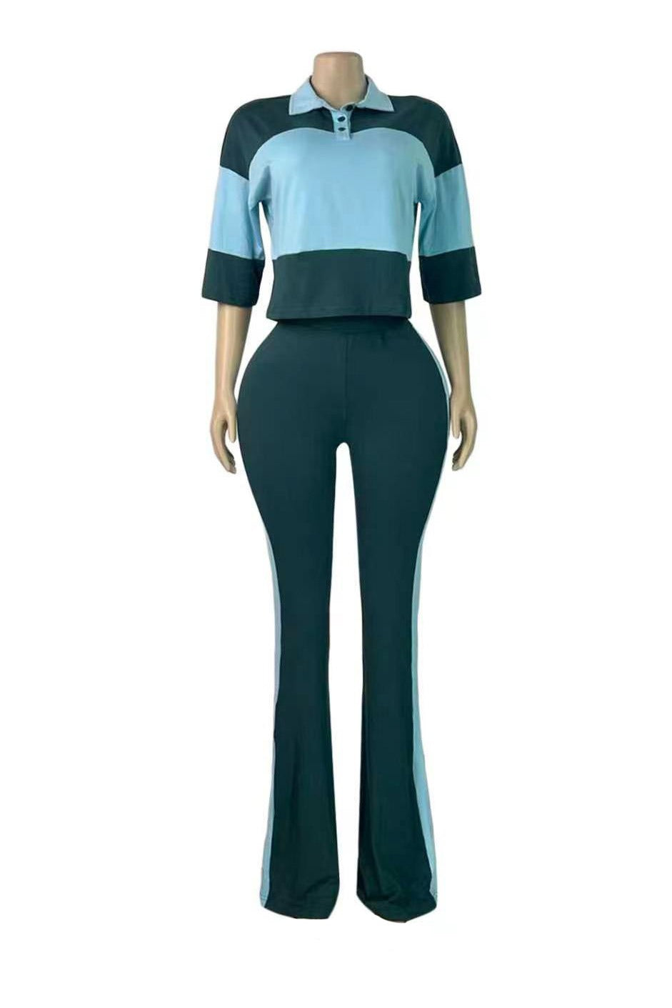 Collared Top & Flare Pants Two-Piece Set