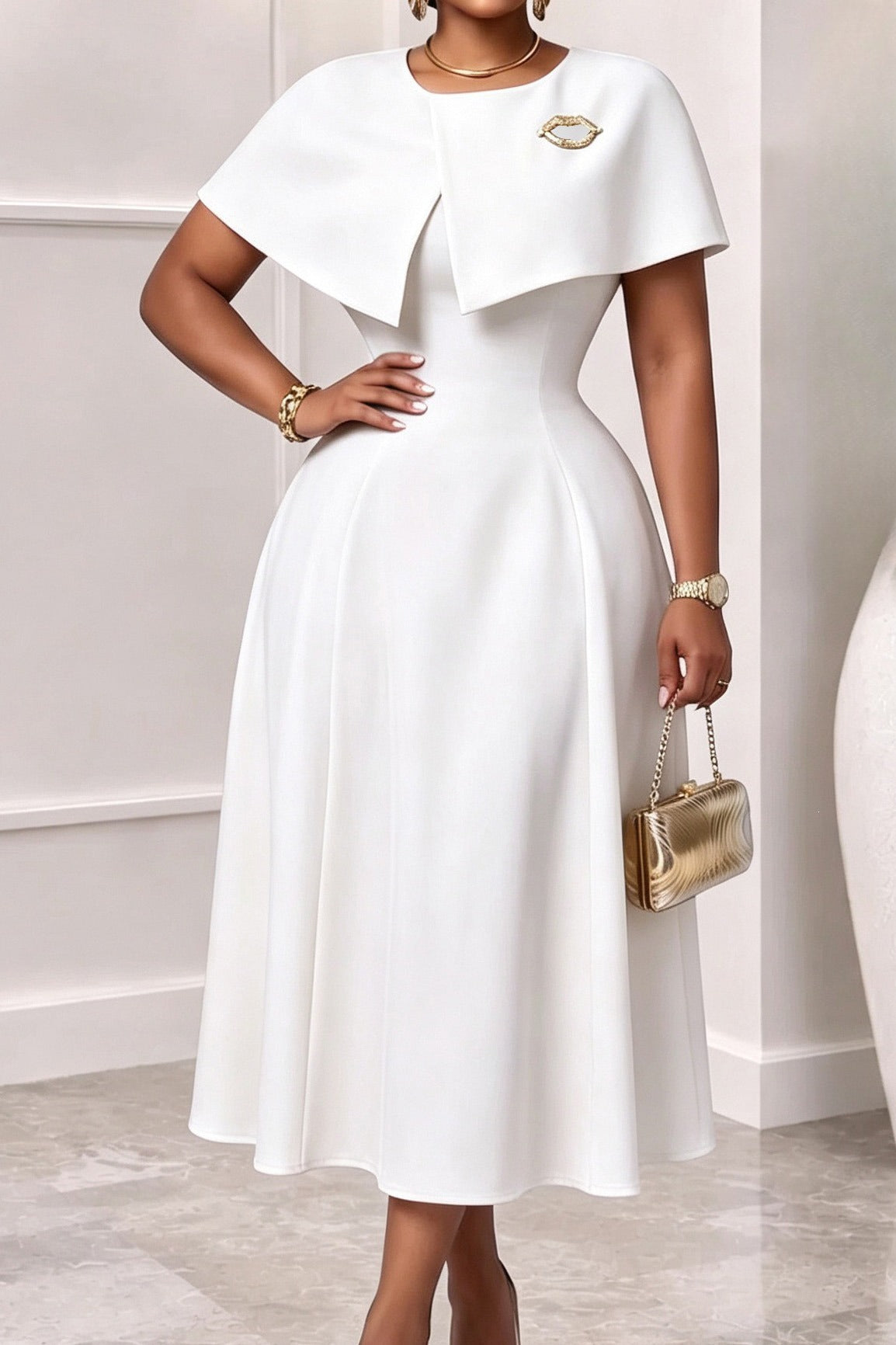 Elegant Cape Overlay A-Line Midi Dress