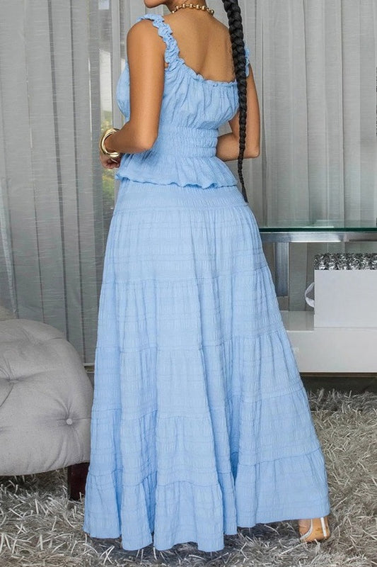 Textured Smocked Top & Tiered Maxi Skirt Set