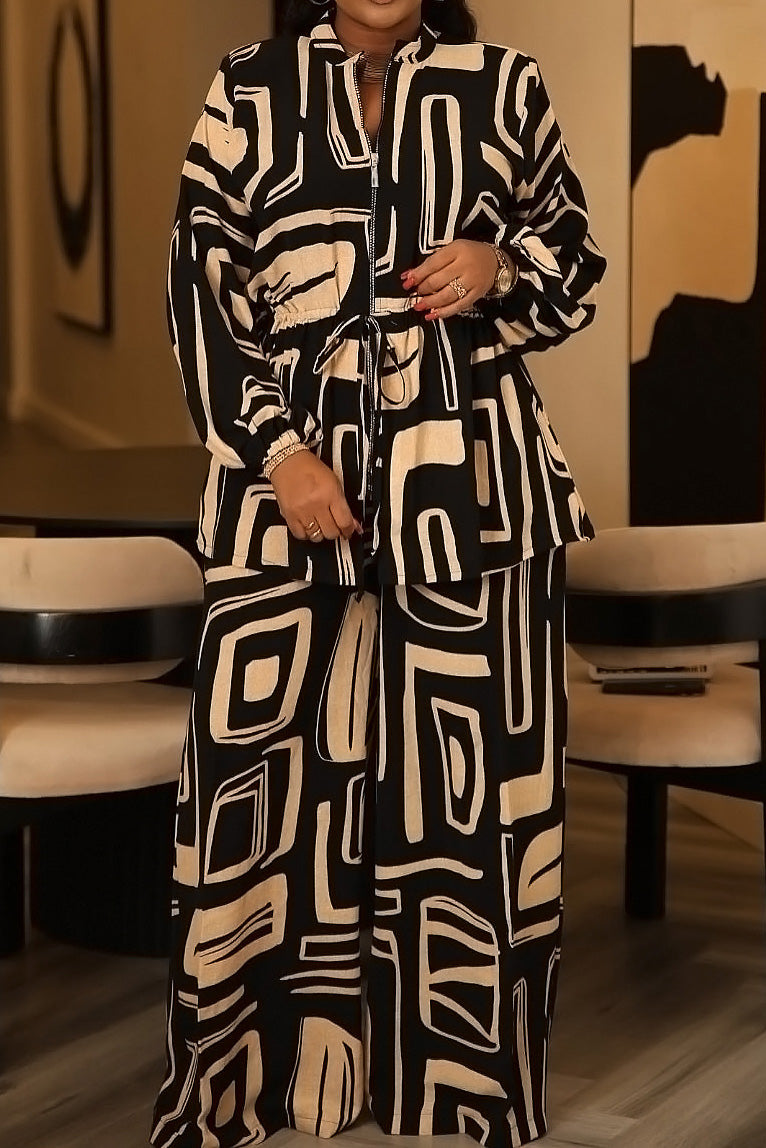 Printed Stand Collar Drawstring Waist 2-Piece Set