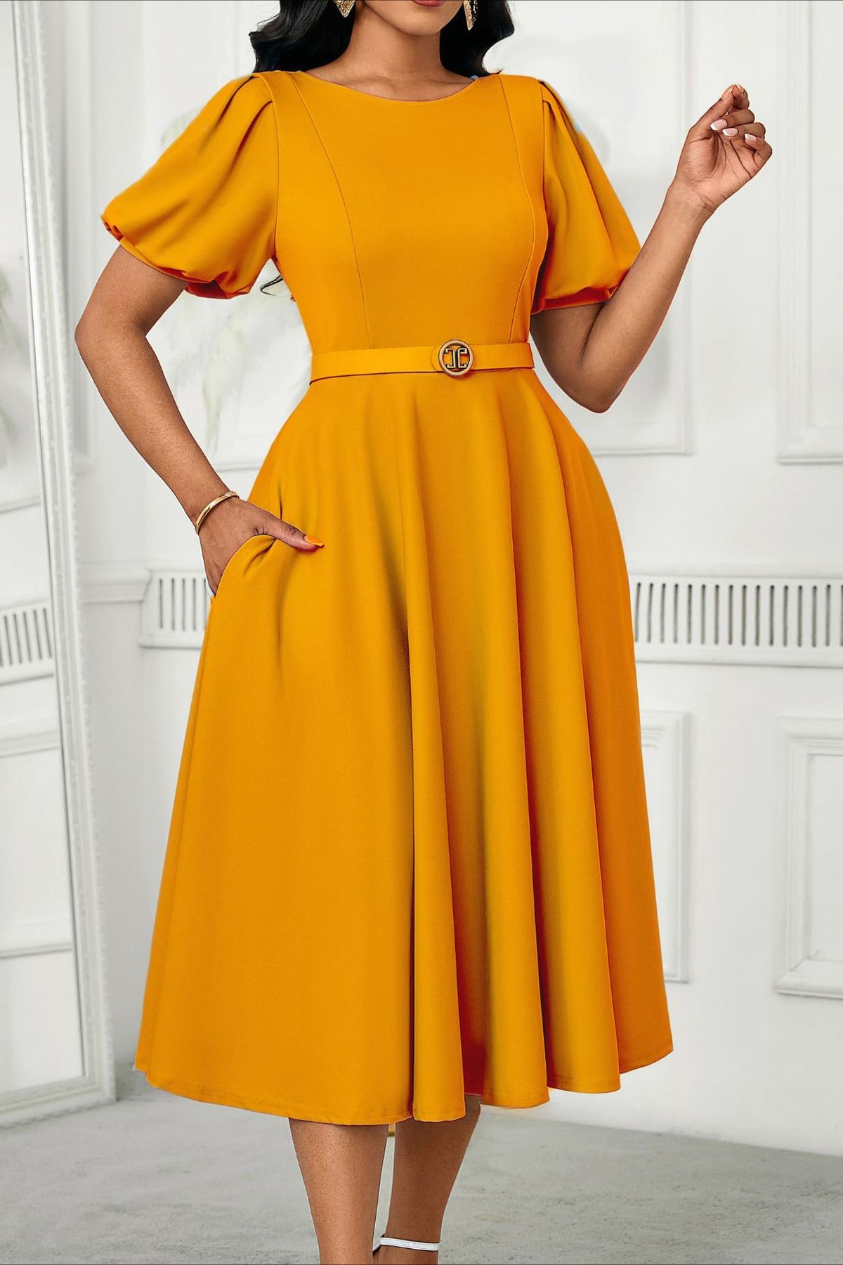 Puff Sleeve High Waist Solid Round Neck Dress