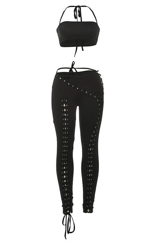 Crop Top and Lace-Up Pants 2-Piece Set