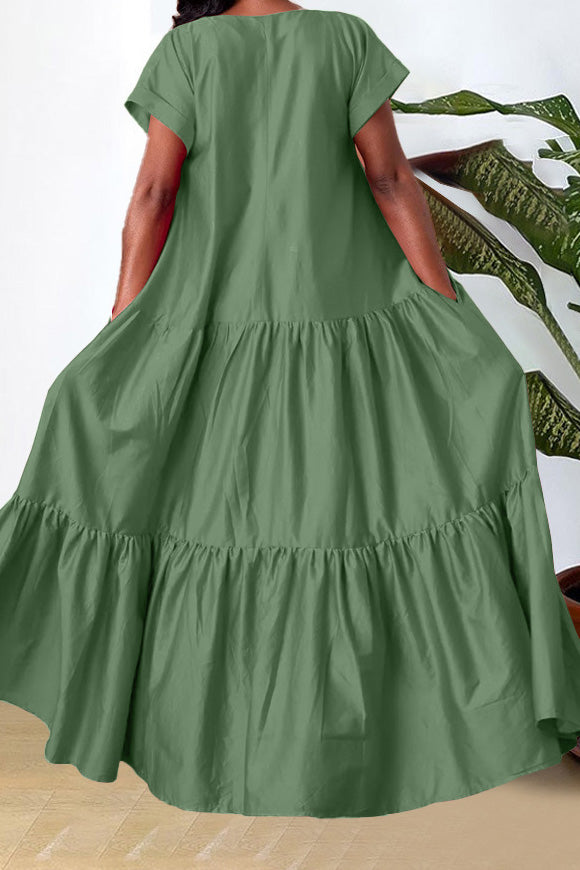 V-Neck Tiered Flowy Smock Maxi Dress