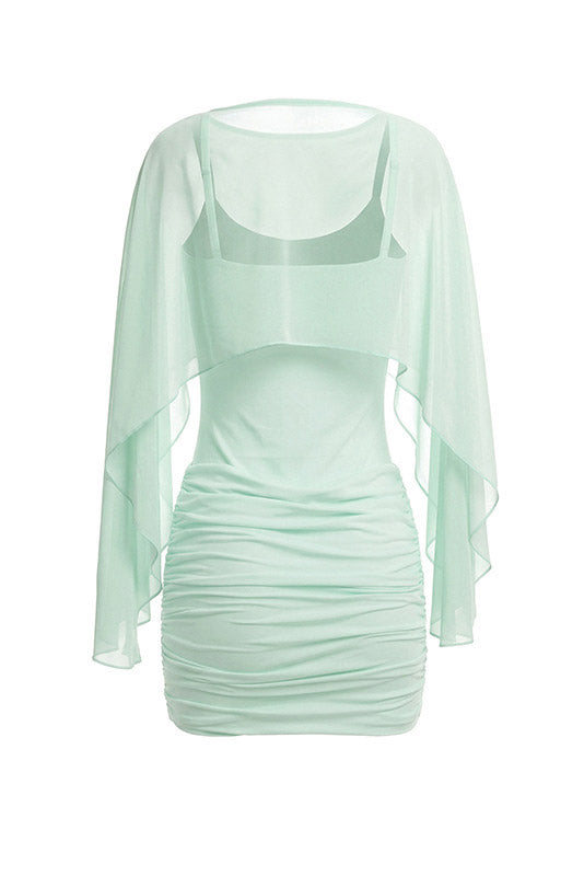 Ruched Mini Dress with Sheer Cape Overlay