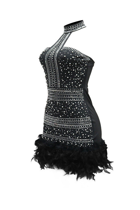 Rhinestone Halter Feather Trim Mini Dress