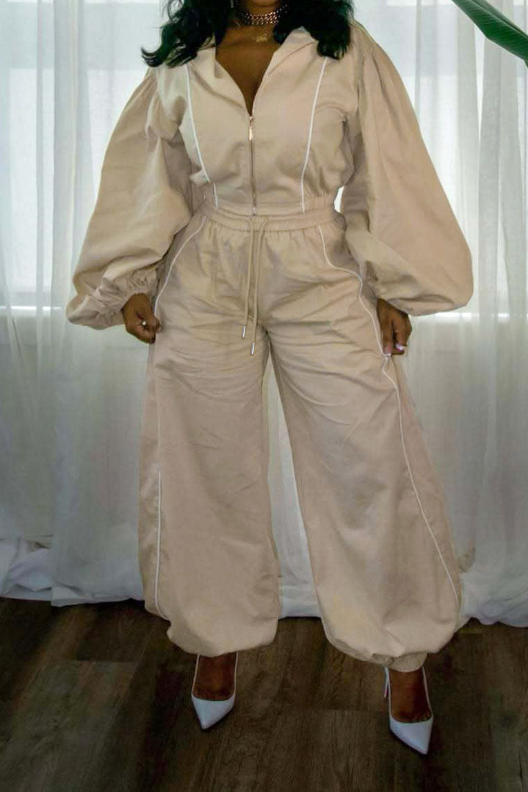 Puff-Sleeve Zip Jacket & Jogger Pants Set