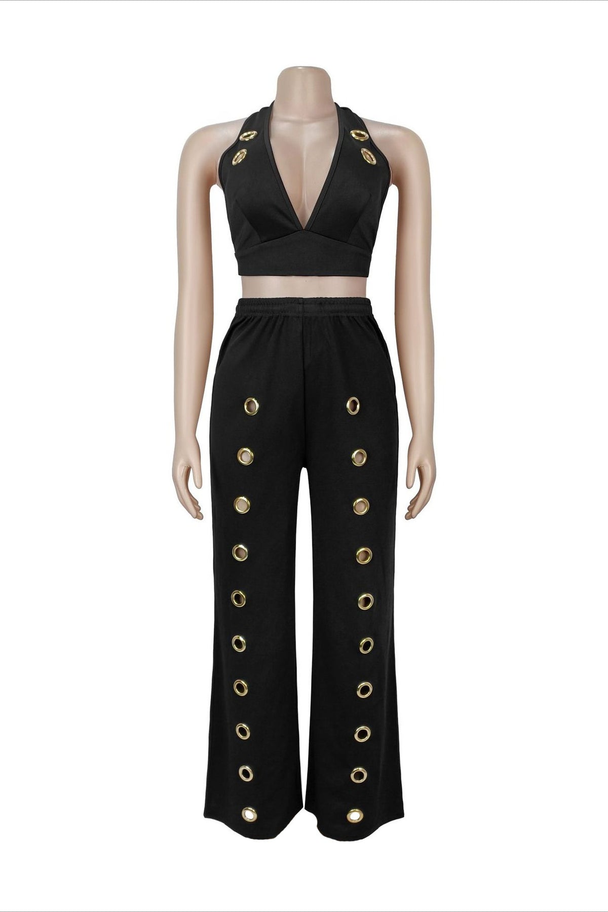 Oversized Eyelet Halter Crop Top & Pant Set