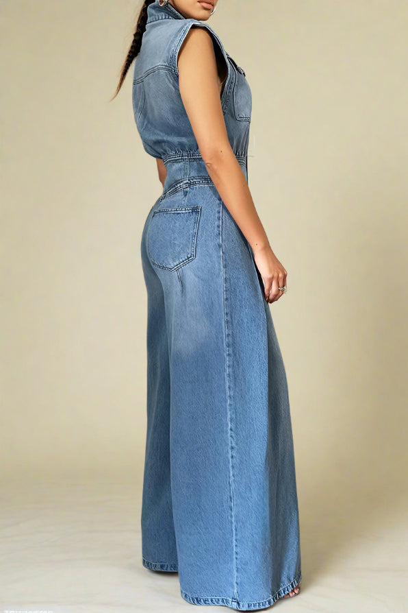 Wide Leg Denim Jumpsuits
