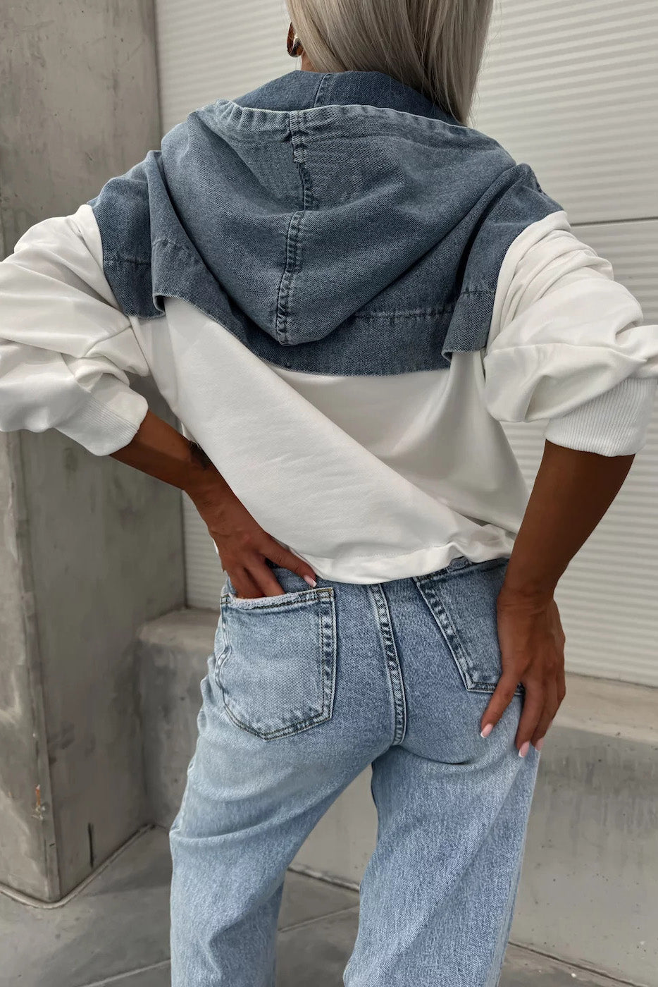 Loose Wash Denim Patchwork Hoodie